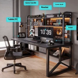 Bureau Gamer Large Noir avec Étagère - Cadre Y